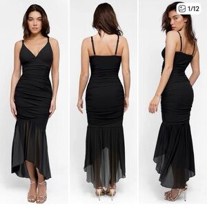 Popilush Dress Built In Shapewear Ruched Mesh Maxi Black M